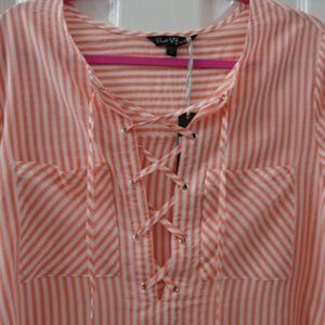 NWT Coral and White Striped Cotton Shirt Top Sm/Med